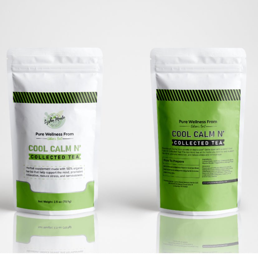 Two bags of Cool Calm N’ Collected Tea showing front and back labels – herbal relaxation tea blend for stress relief, calm mood, and mental wellness