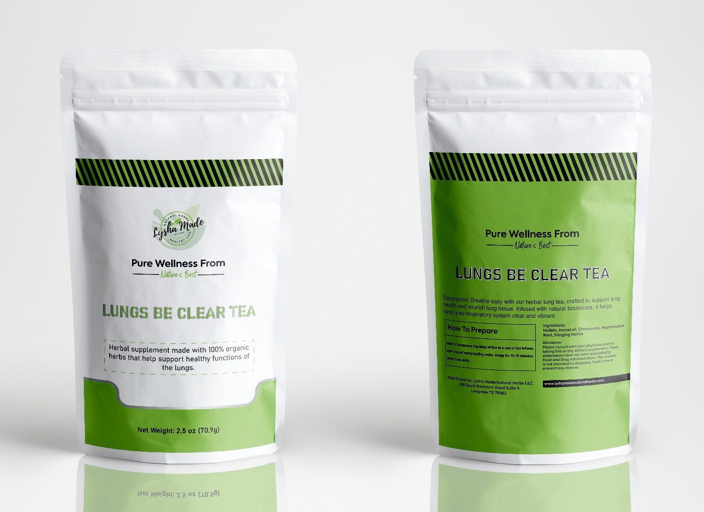 Two bags of Lungs Be Clear Tea – herbal respiratory support tea blend for lung and sinus health, front and back labels shown