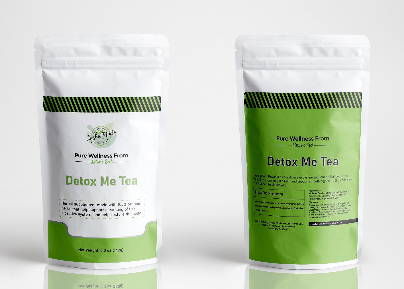 Two bags of Detox Me Tea showing front and back labels – herbal cleansing tea blend for natural detox and digestive wellness