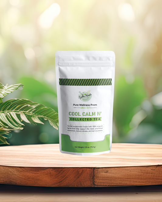 Cool Calm N’ Collected Tea bag on wooden table with plants – herbal relaxation tea blend for stress relief and calm mood support