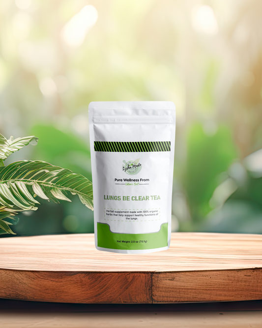 Lungs Be Clear Tea bag on wooden table with plants – herbal respiratory support tea blend for lung and sinus health