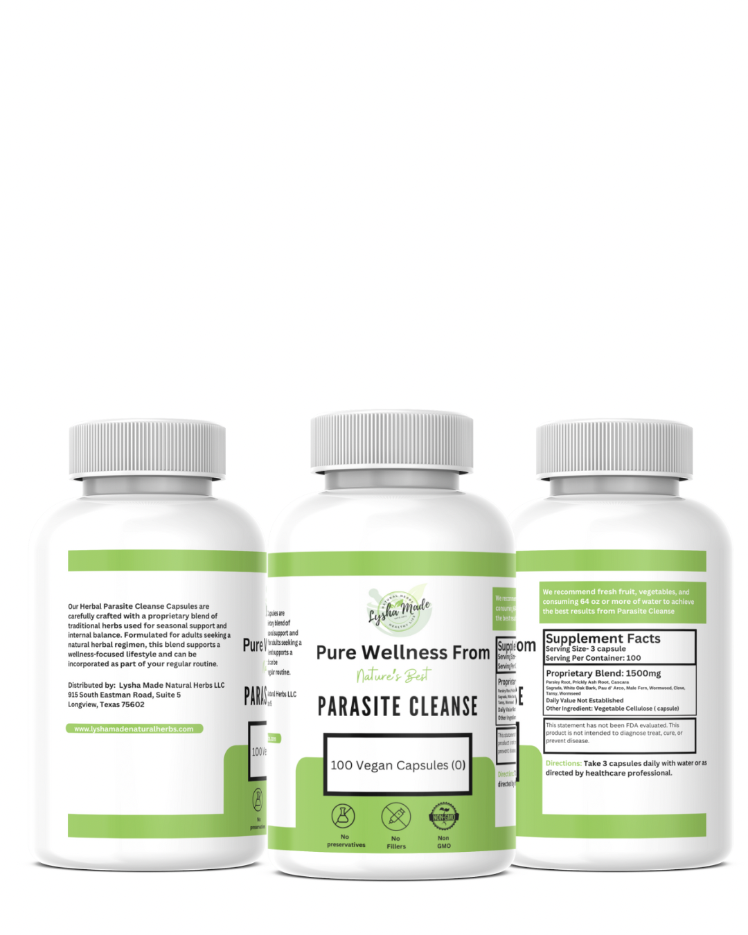 Natural Parasite Cleanse Capsules bottle front and back labels – herbal detox supplement for gut health support, vegan non-GMO formula, 120 capsules